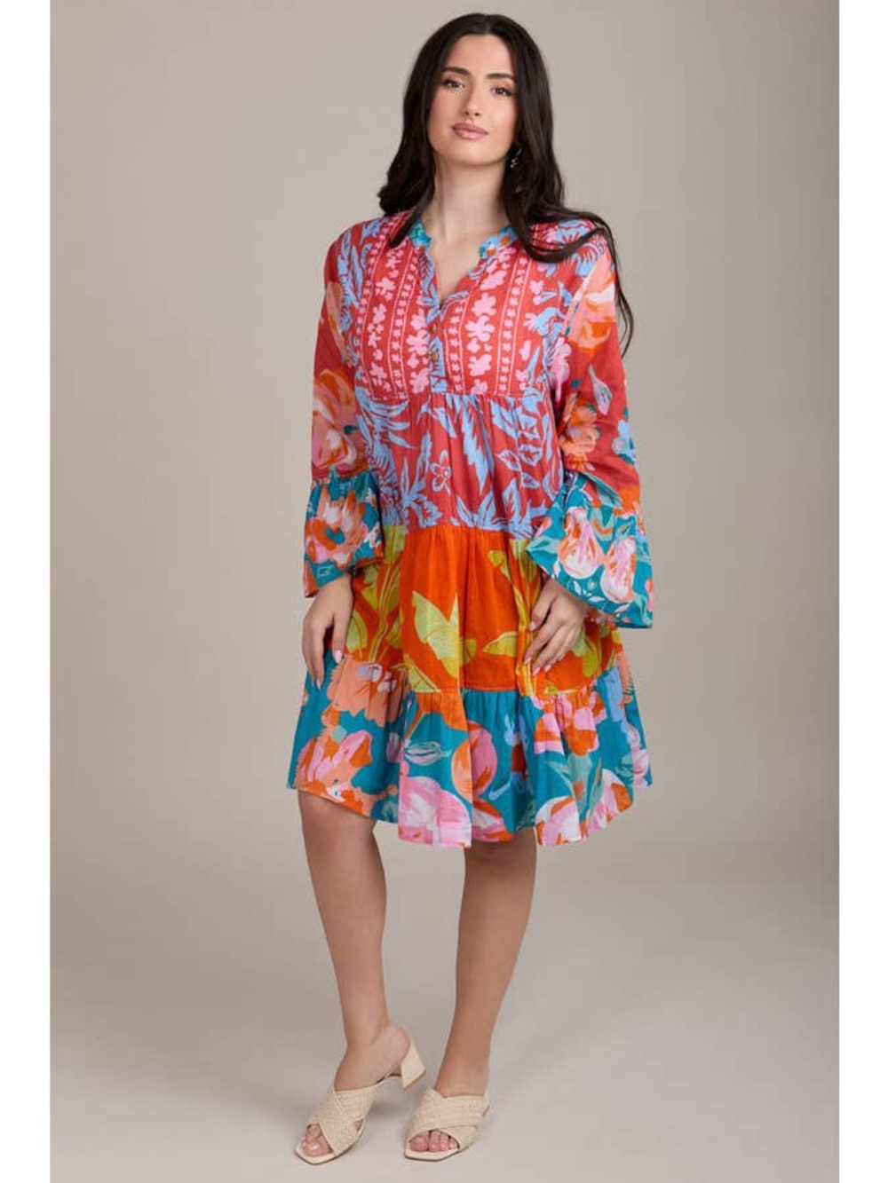 Nu Shuz Key West Vibrant Multicolor Tropical Floral Tiered Flowy Vacation Dress